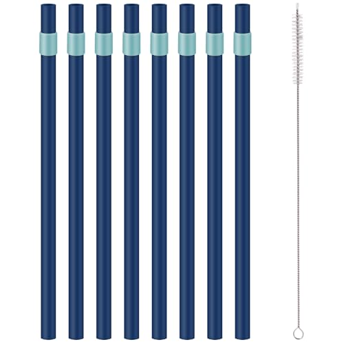 8-Pack Reusable Hard Plastic Straws with Brush - Blue