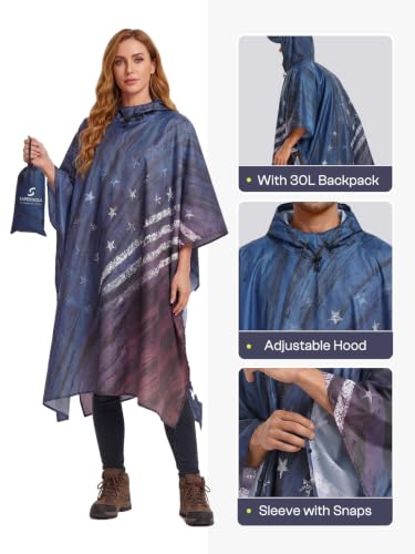 SaphiRose American Flag Hooded Waterproof Rain Poncho for Men & Women - Outdoor Jacket