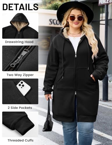 Women Plus Size Black Zip Up Hoodie Tunic Fleece Jacket XL by Wiepux
