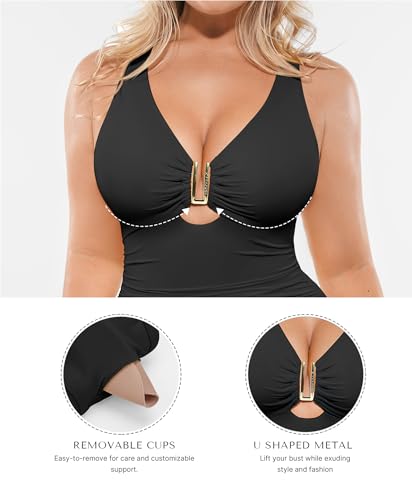SHAPELLX X-Large Black Tummy Control One-Piece Swimsuit for Women V-Neck Ruched Shapewear Bathing Suit