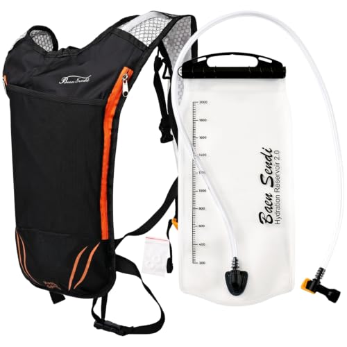 Hydration Pack with 2L Bladder - Lightweight Backpack - Black with Orange Zipper