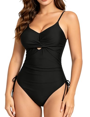 One Piece Cut Out Swimsuit for Women - Tummy Control, Large, Black