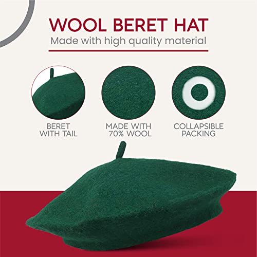 Green French Wool Beret Hat - Classic Stretchable Parisian Style - One Size