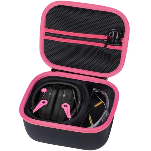 Storage Case Compatible with Walkers Razor Slim/Howard Leight Honeywell Impact Sport/PROHEAR 066 030 Electronic Shooting Earmuffs Hearing Protection Muffs (Black + Pink Case)