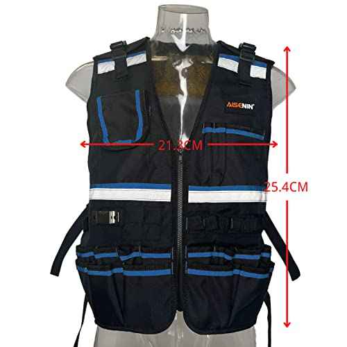 AISENIN Reflective Safety Tool Vest with Multi-pockets and Zipper,Heavy Duty Tool Vest for Electricians Carpenter