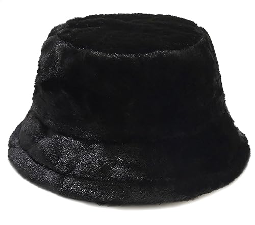 Women's Black Faux Fur Bucket Hat - Warm Winter Fisherman Cap