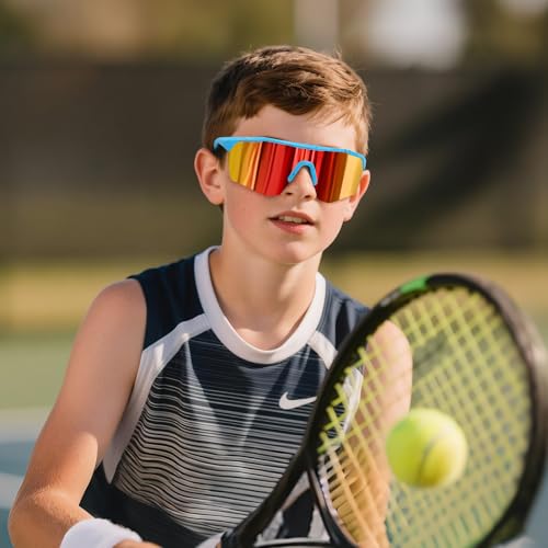 Kids Polarized Sports Sunglasses for Baseball Cycling - Blue/Red Mirror