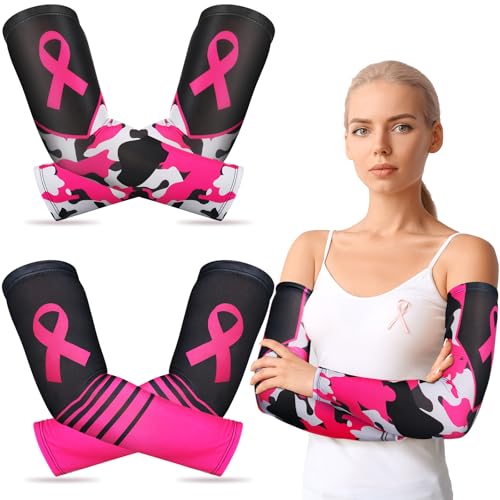 Breast Cancer Awareness Arm Sleeves - 2 Pairs Pink Ribbon