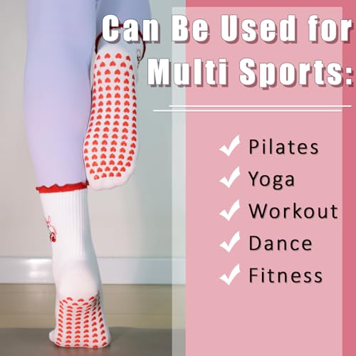 Non-Slip Pilates Socks with Ruffle - Women's Yoga Grip Socks - Red