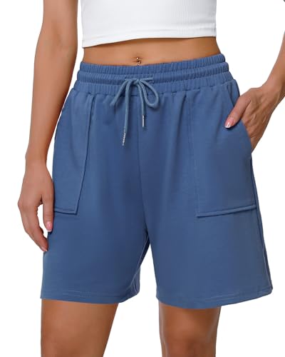 Cowasto Womens High Waisted Sweat Shorts Bermuda with Pockets Drawstring Blue (1-Pack, Med)