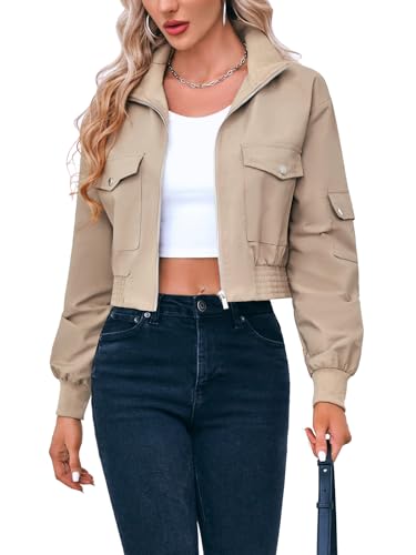 Fisoew Women's Cropped Khaki Bomber Jacket X-Small Lightweight Zip Up Coat