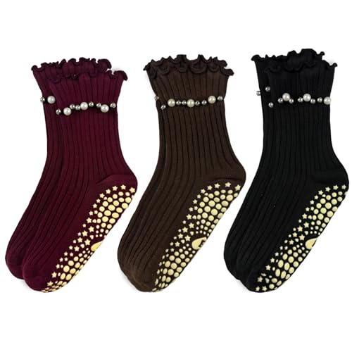 Pilates Grip Ankle Socks for Women - Non-Slip Ruffle Style, One Size / Black, Coffee, Wine Red - 3 Pairs