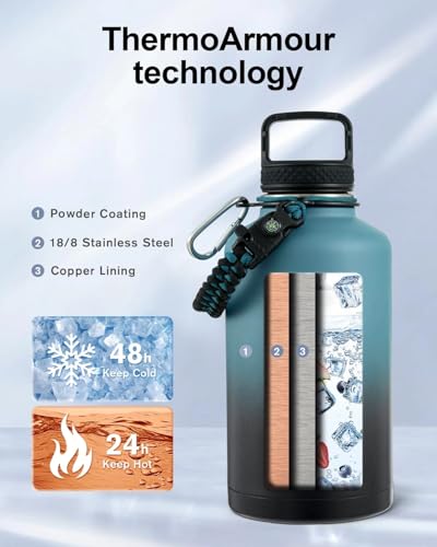 Trebo 64 oz Insulated Stainless Steel Water Bottle with 3 Lids, Paracord Handle & Carry Bag - Indigo/Black