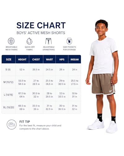 Reebok Boys Breathable Mesh Athletic Shorts Basketball Running 10-12 Black/Taupe White Panel 1 or 2 Pack