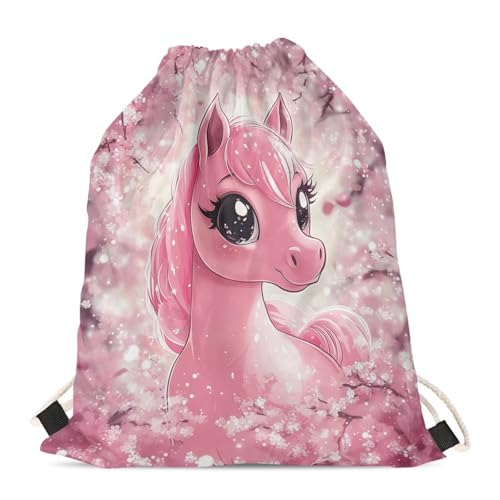 Cherry Blossom Horse Drawstring Backpack - Lightweight Cinch Sack