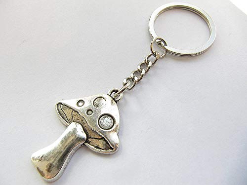 Antique Silver Mushroom Charm Keychain - Handmade Plant Jewelry