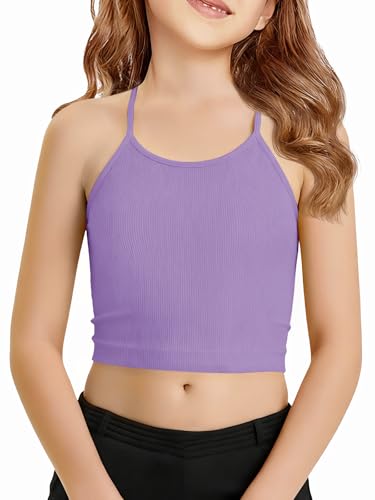 Girls Athletic Crop Top - Ribbed Cross Back Camisole, Purple 7-8 Years