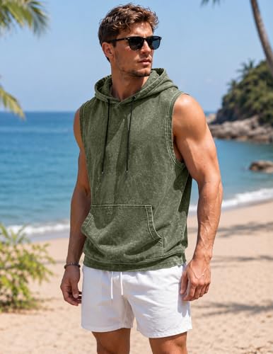 JMIERR Men's Green Cotton Sleeveless Hooded Tank Top with Pocket - Large