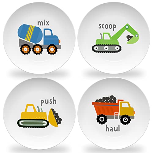 Multicolor Construction Toddler Plates Set of 4 - 10-inch Kids Dinnerware with Mixer Excavator Bulldozer Dump Truck