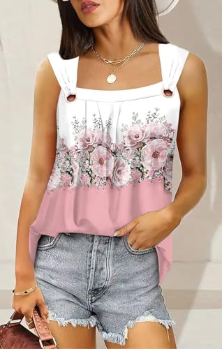 SAUKOLE Summer Women's Pleated Square Neck Tank Top with O Ring Shoulder, Casual Loose Fit, Medium Foralpinkwhite