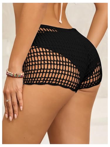 SHENHE Women's Crochet Coverups Hollow Out Tie Waist Boho Shorts Small Black