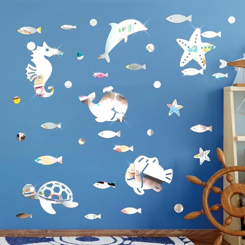 Ocean Acrylic Mirror Wall Stickers 3D Mirrors Stickers Ocean Animal Wall Decor Sea Fish Whale Dolphin Marine Wall Decals Under The Sea Wall Stickers for Baby Room Kids Room Bathroom Nursery Decor