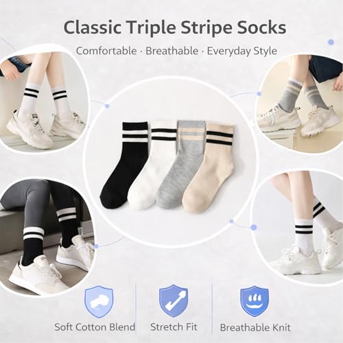 Women's Striped Cotton Crew Socks - Comfortable Athletic Socks, 4 Pairs