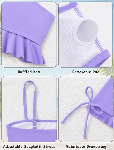 Girls 3 Piece Bathing Suit Set - Ruffle Cami Tankini & Skirt - 13-14 Years Purple