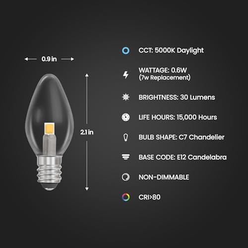 C7 LED Night Light Bulbs - 5000K Daylight E12 Base - 4 Pack