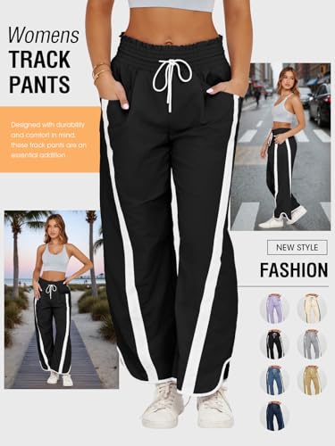 Women's Baggy Wide Leg Track Pants with Drawstring and Contrast Color