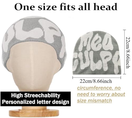 Y2K Beanie Hat - Acrylic Knit Skull Cap with MEA Culpa Design - Gray & White