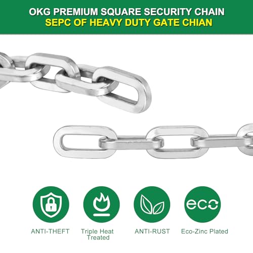 OKG Security Chain - 2ft x 1/4" Thick Outdoor Gate Chain, Cut Proof Chain Made of Hardened Alloy Steel Chain for Fences, Bicycles, Scooters, Pet Cages, Barn Door (Silver, No Lock)