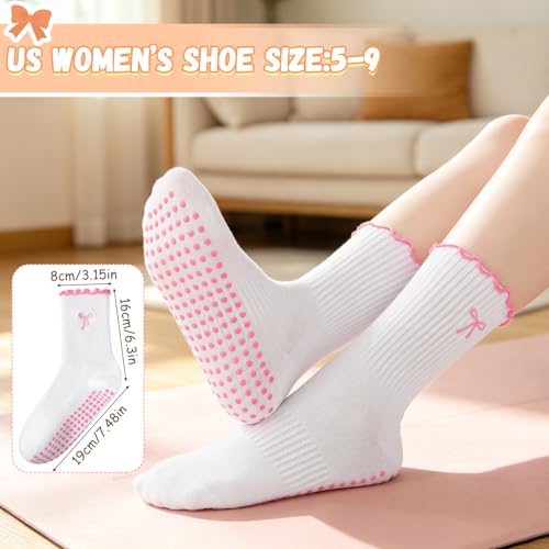 Non-Slip Pilates Grip Socks for Women - Ruffle Ballet Style - Pink (3 Pairs)