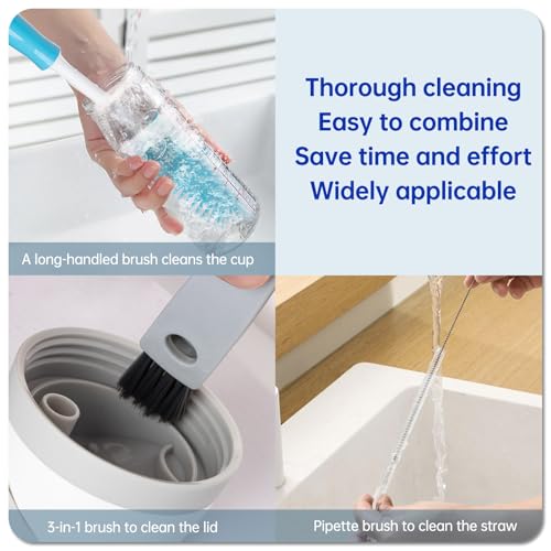 3 Pack Water Bottle Cleaner Brush Set - Silicone & Straw Brushes