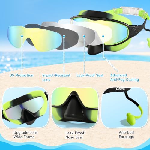 OZERO Kids Swim Goggles Anti-Fog UV Protection Clear View Green & Black 1 Pack