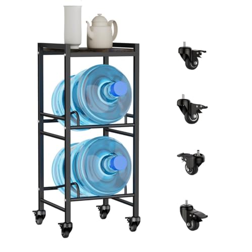 2 Tiers Water Rack Top Storage Shelf with 4 Wheels - Space Saving Dispenser Stand 5 Gallon Water Storage Rack Bottle Jug Holder Organizer/Lockable&Removable Casters/Kitchen Office Garage