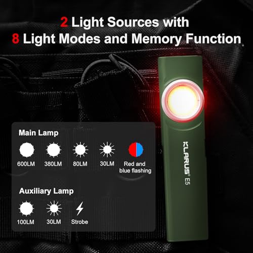 klarus E5 2Pcs Pocket Flashlight, Rechargeable EDC Flashlight, Super Slim 4.2x1x0.3inch, 600 Lumens, USB-C Port, IPX4, Dual Light Source with Magnetic Base, Hat & Clothes Clip