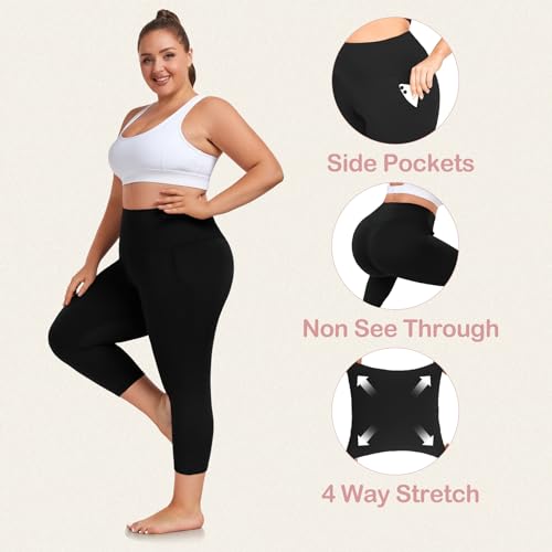 FULLSOFT Plus Size Capri Leggings with Pockets for Women 3X-Large Black Grey Navy Blue