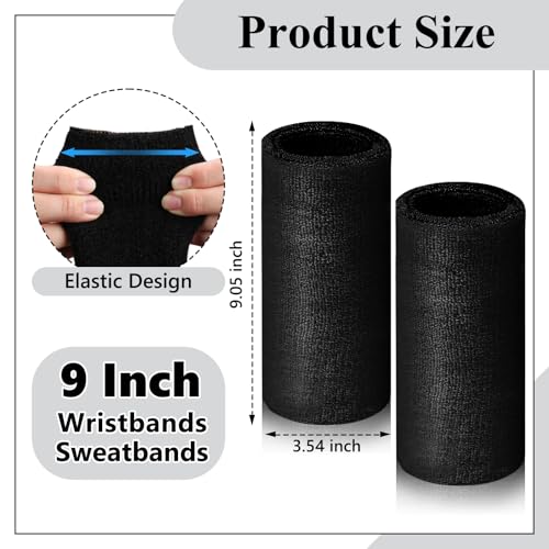 9-Inch Black Wrist Sweatbands - 2 Pack for Men & Women