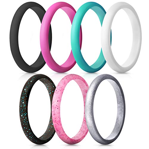 Stackable Silicone Wedding Rings for Women - Metallic Frost Silver, White, Green, Black & Teal Glitter