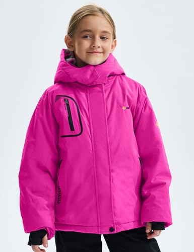 GEMYSE Girl's Waterproof Ski Snow Jacket with Fleece & Hood - Rose Red, Size 10-12