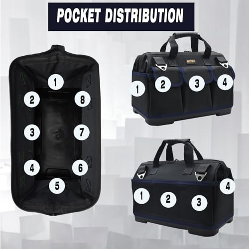 FASTECH 22 Inch Tool Bag, Waterproof Wide Mouth Tool Kit, Heavy Duty Tool Bag Organizer With Shoulder Straps and Molded Base, Tool Storage Package For Screwdrivers, Pliers, Nut Drivers (DarkBlue22IN)
