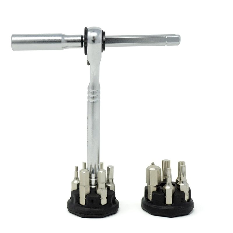 Prestacycle Pro T-Handle Ratchet Kit with (12) S2 Bits and (2) Round Bit Holders – Compact Desktop/Benchtop 3-Way Ratchet Tool, Reversible Thumb-Wheel, 60Nm Heavy-Duty Torque