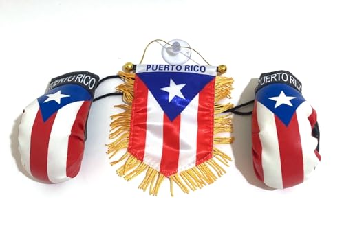 Puerto Rican Flag & Mini Boxing Gloves Rearview Mirror Set