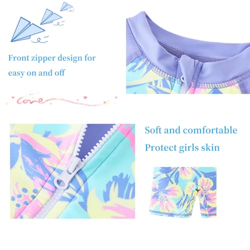 Girls Long Sleeve Rash Guard One Piece Swimsuit - UV Protection, 9-10 Years/Lavender Flower