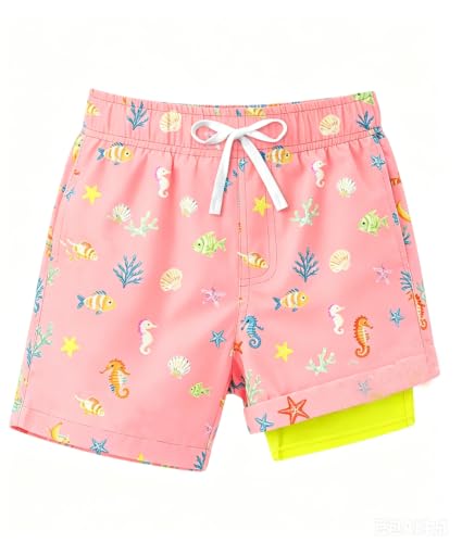 Boys Quick-Dry Swim Trunks with Compression Liner - Pink Fish, 5-6 Years