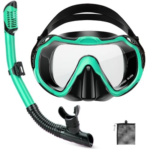 Adult Snorkeling Gear Set - Panoramic Anti-Fog Mask & Dry Snorkel - Malachite Green