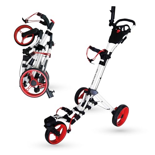 3-Wheel Golf Push Cart - 360° Swivel Wheel, One-Second Fold - White/Red