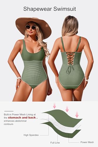 X-Large Women's Slimming One Piece Swimsuit with Tummy Control - Green