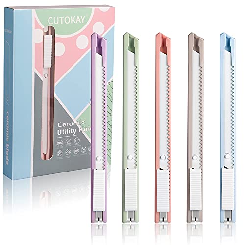Ceramic Box Cutter Utility Knife Ceramic Blades Finger Safe Paper Knives Retractable Craft Cutter Friendly Cutters for Foam Cardboard Cutting Auto-Lock clip [5-Pack]